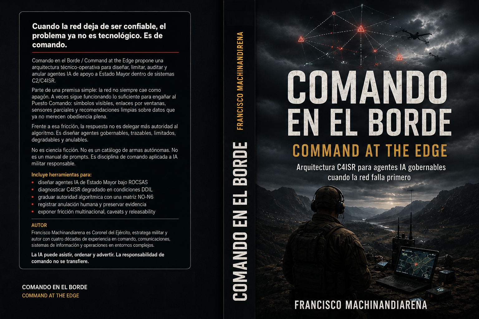 Tapa, lomo y contratapa de Comando en el Borde, de Francisco Machinandiarena